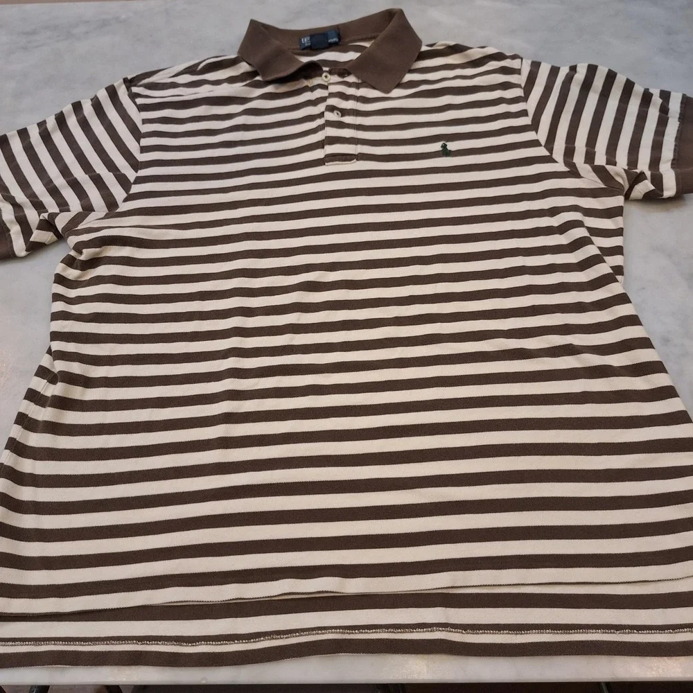 Vtg Y2K Polo Ralph Lauren Polo Shirt 2XB Brown Cream Striped SS Preppy AS IS